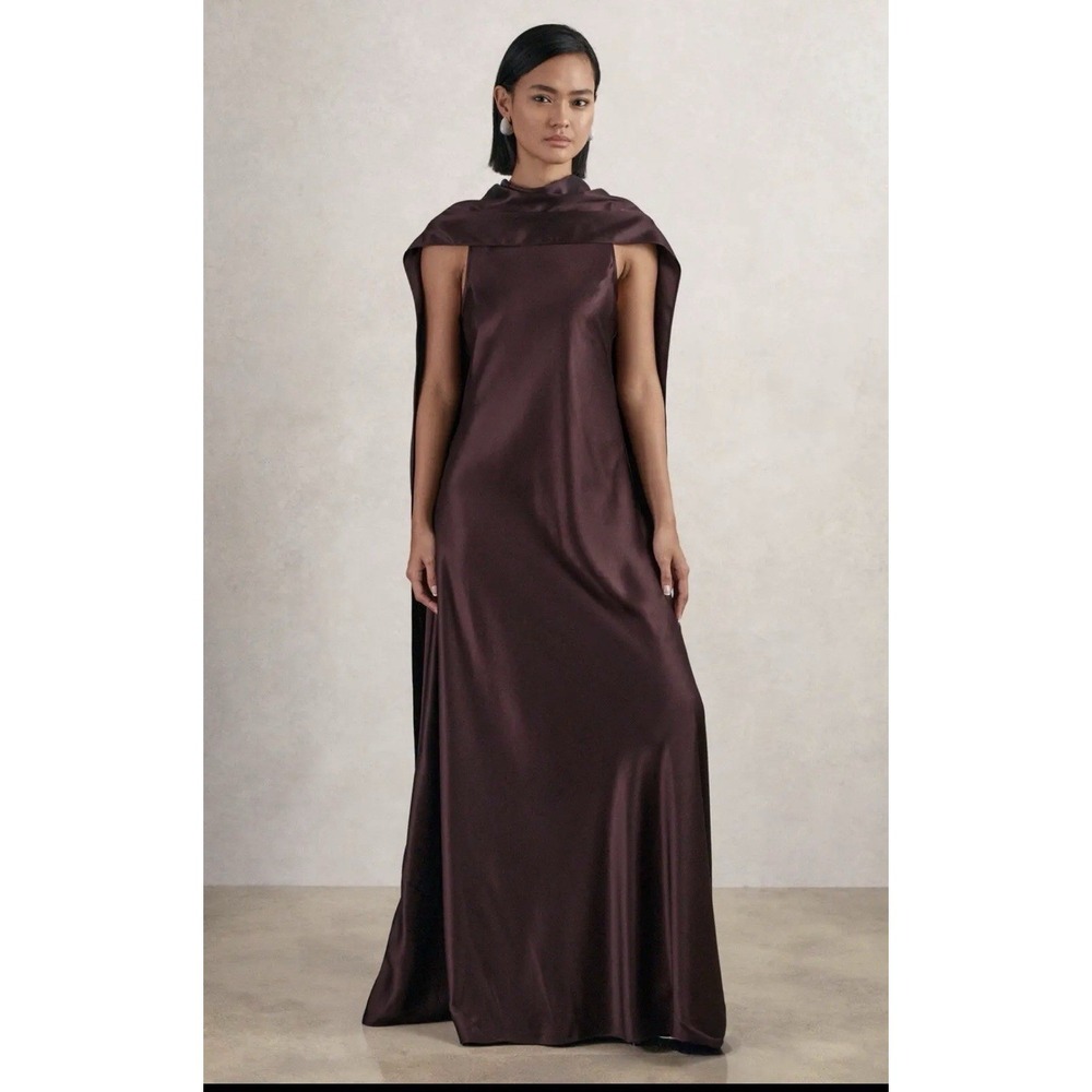 REISS Satin Cape Maxi Dress - Burgundy Size Us 6, UK 10